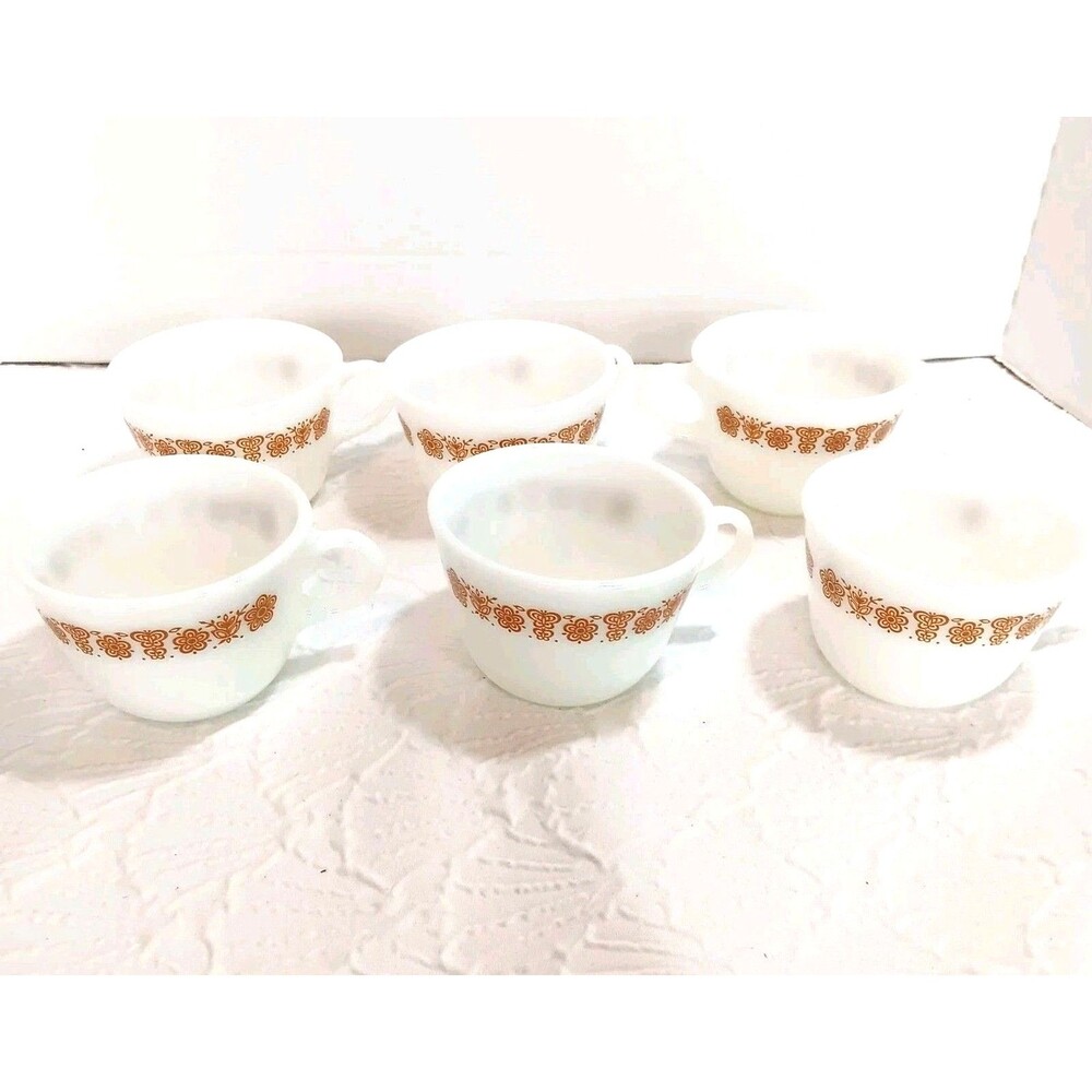 Vtg Set Of 6 Pyrex Butterfly Gold Pattern Coffee Cups 70s Milk Glass Corning NY